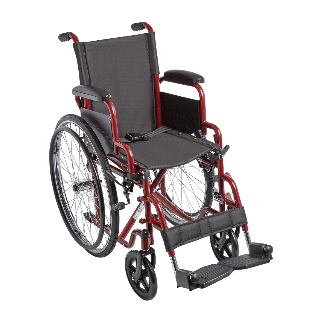 The Circle Specialty ZIGGO Pediatric Wheelchair, shown in red with black seat, backrest, armrests, and footrests, is angled slightly to the right on a white background.